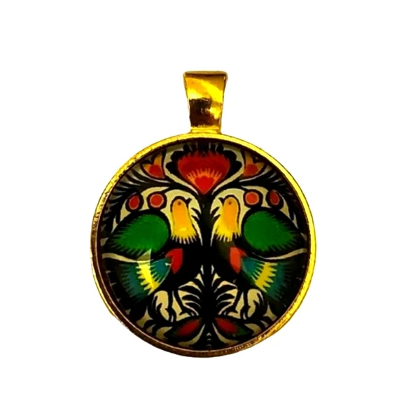Vintage Eastern European Folk Art Pendant 18K Colorful Bird Motif 1" Medallion - Picture 9 of 11